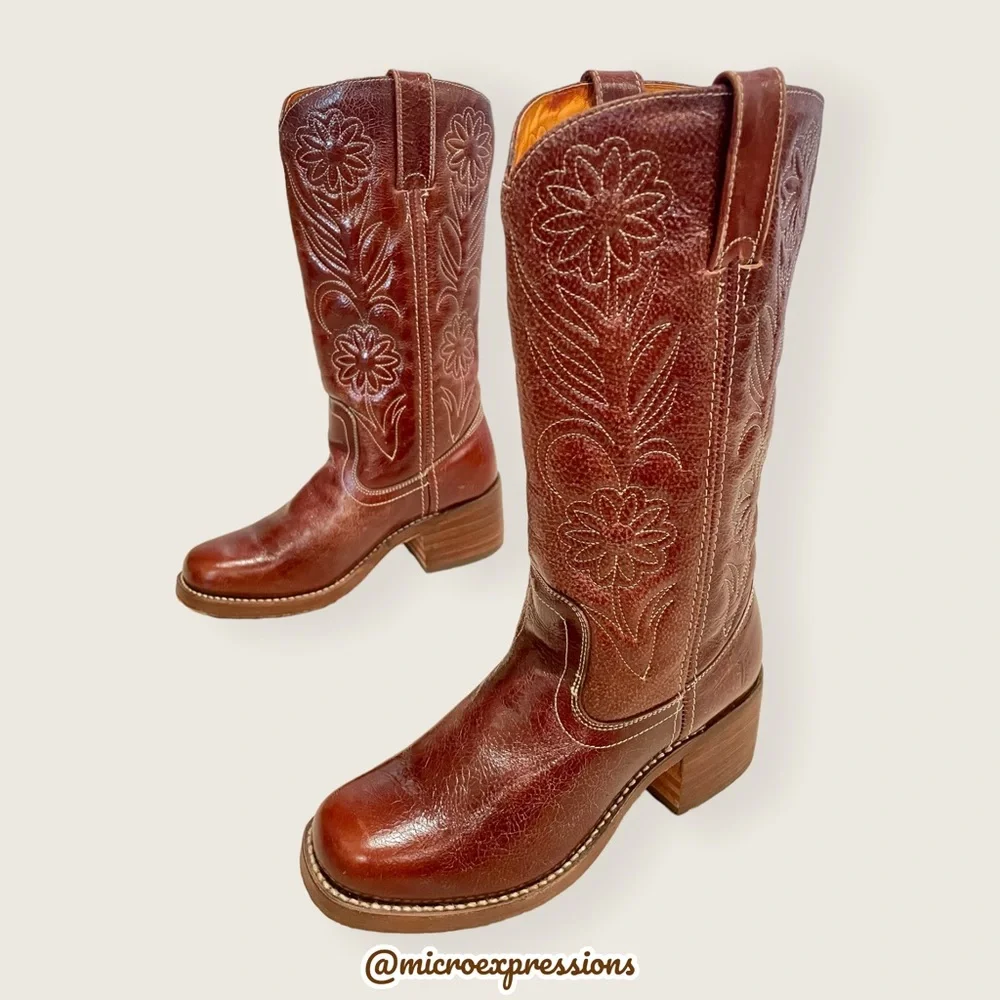 RARE 1960s Frye Vintage Embroider Brown Campus Western Cowboy Floral Stitch Boot